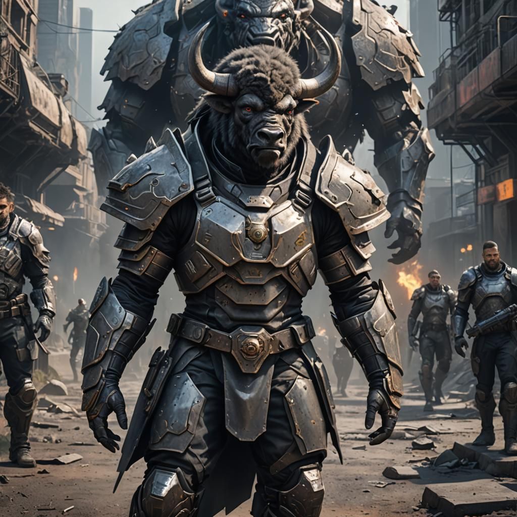Armored Human Bison Hybrid in Dystopian Landscape