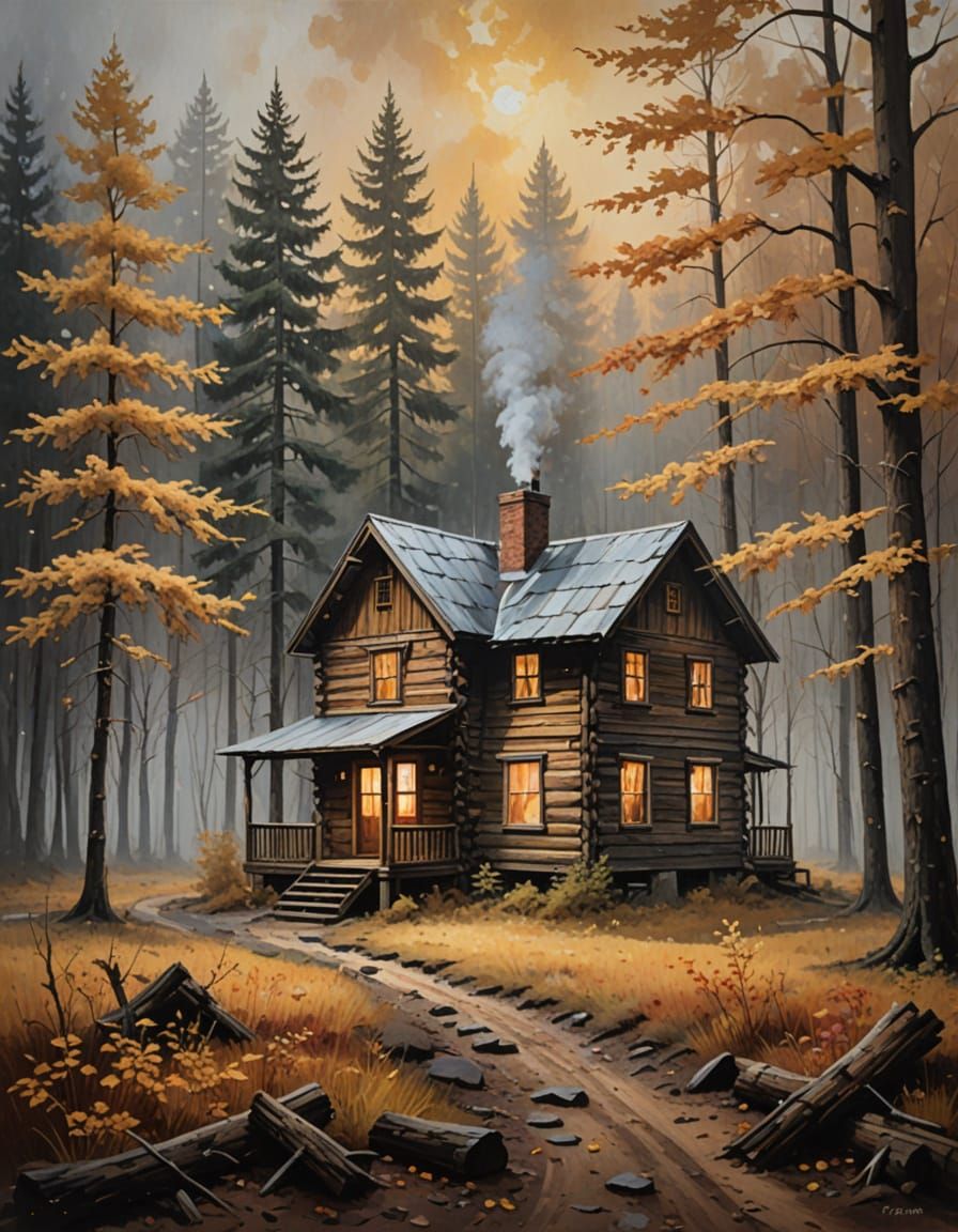 Cabin in Misty Woods: An Oil Painting