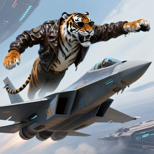 Tiger Pilot Soaring in Futuristic Fighter Plane