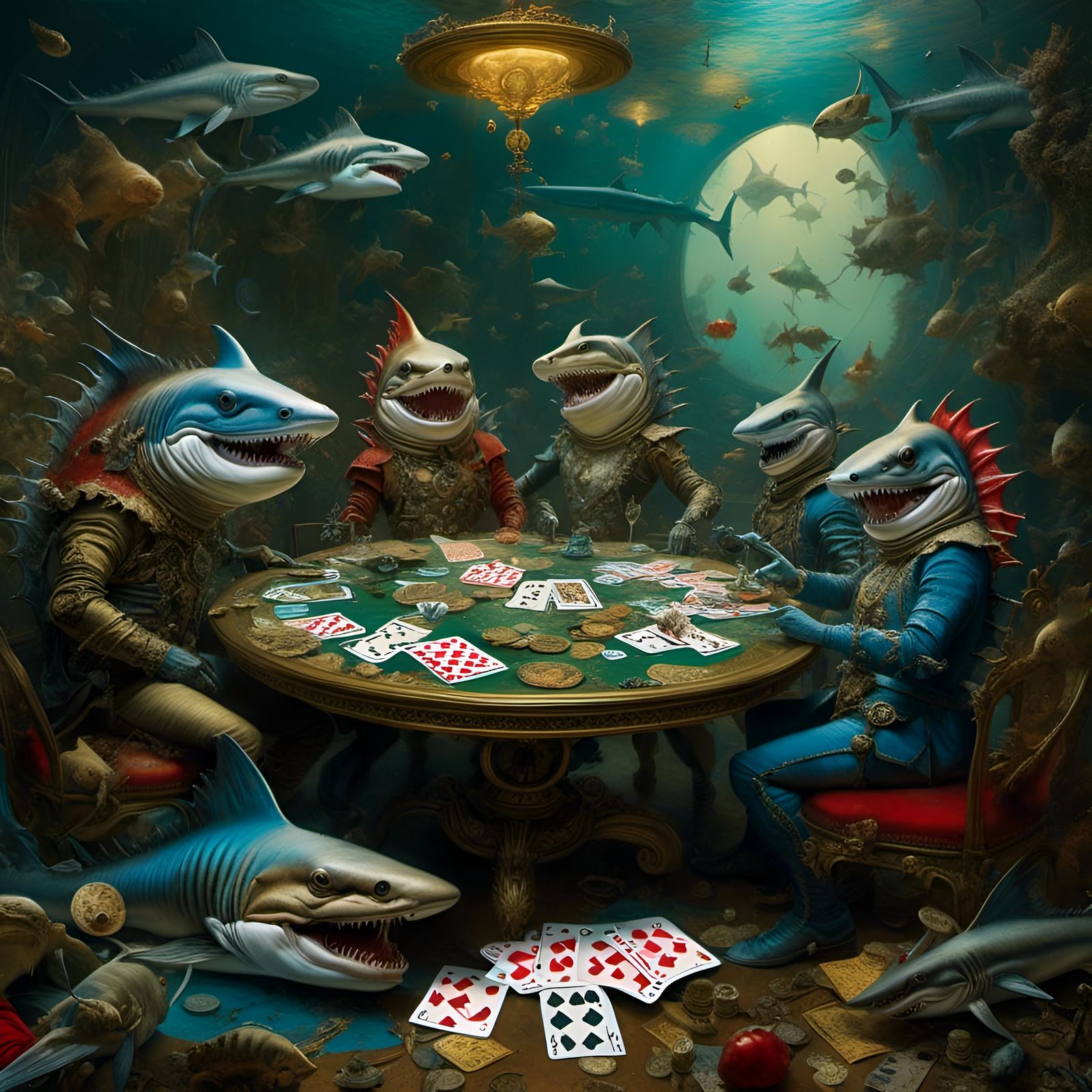 Sharks Gamble Underwater: A Hyperrealistic Aetherpunk Scene