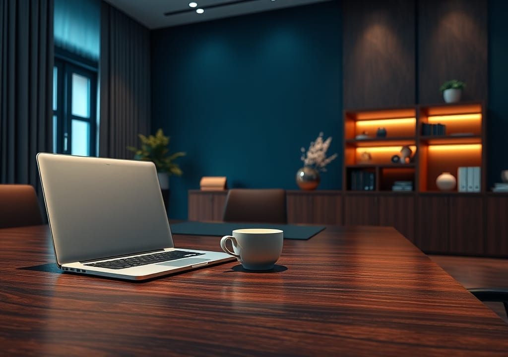 Minimalist Office Scene with Coffee Cup in Matte Painting St...