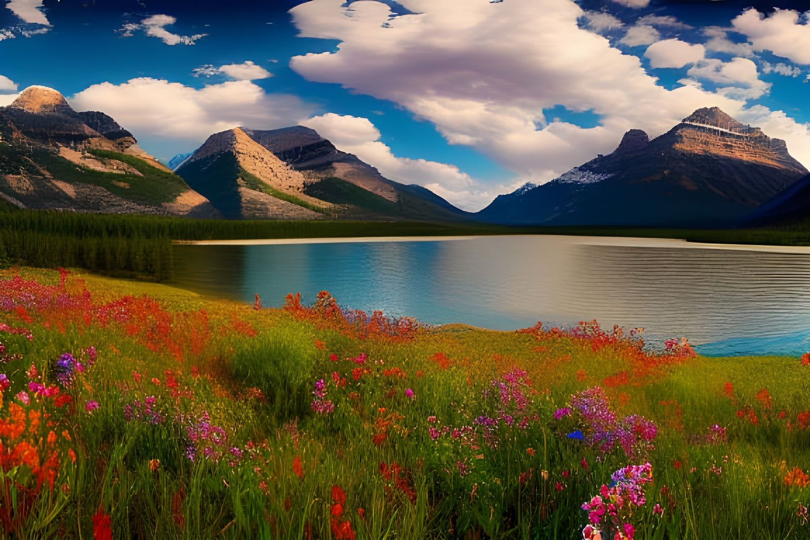 Waterton Park Mountain Landscape with Wildflowers