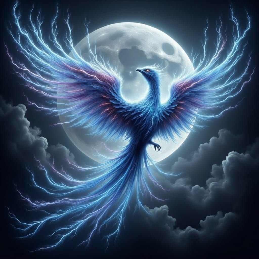 Lightning Phoenix Soars Before Dusk Moon