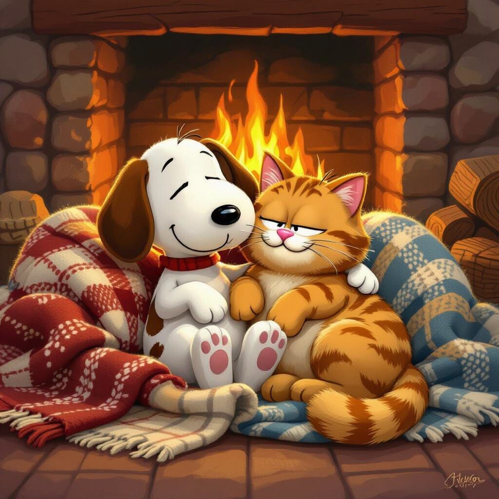 Snoopy and Garfield Snuggle in Heartwarming Scene