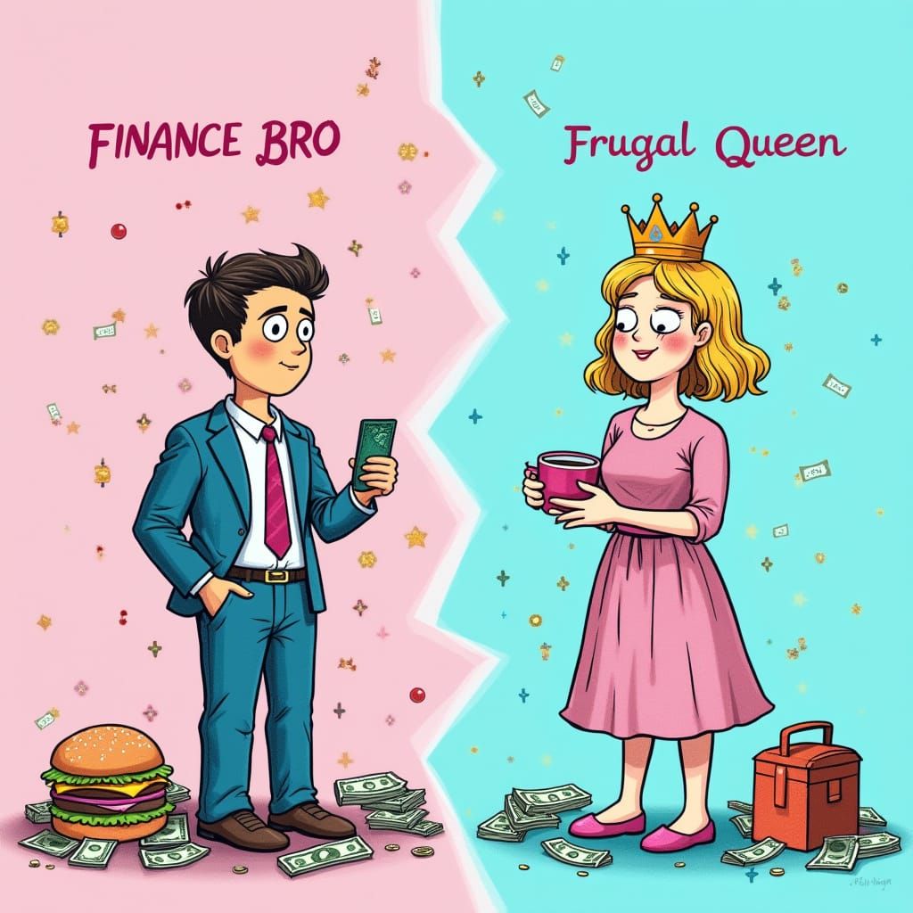 Finance Bro vs Frugal Queen in Zine Style