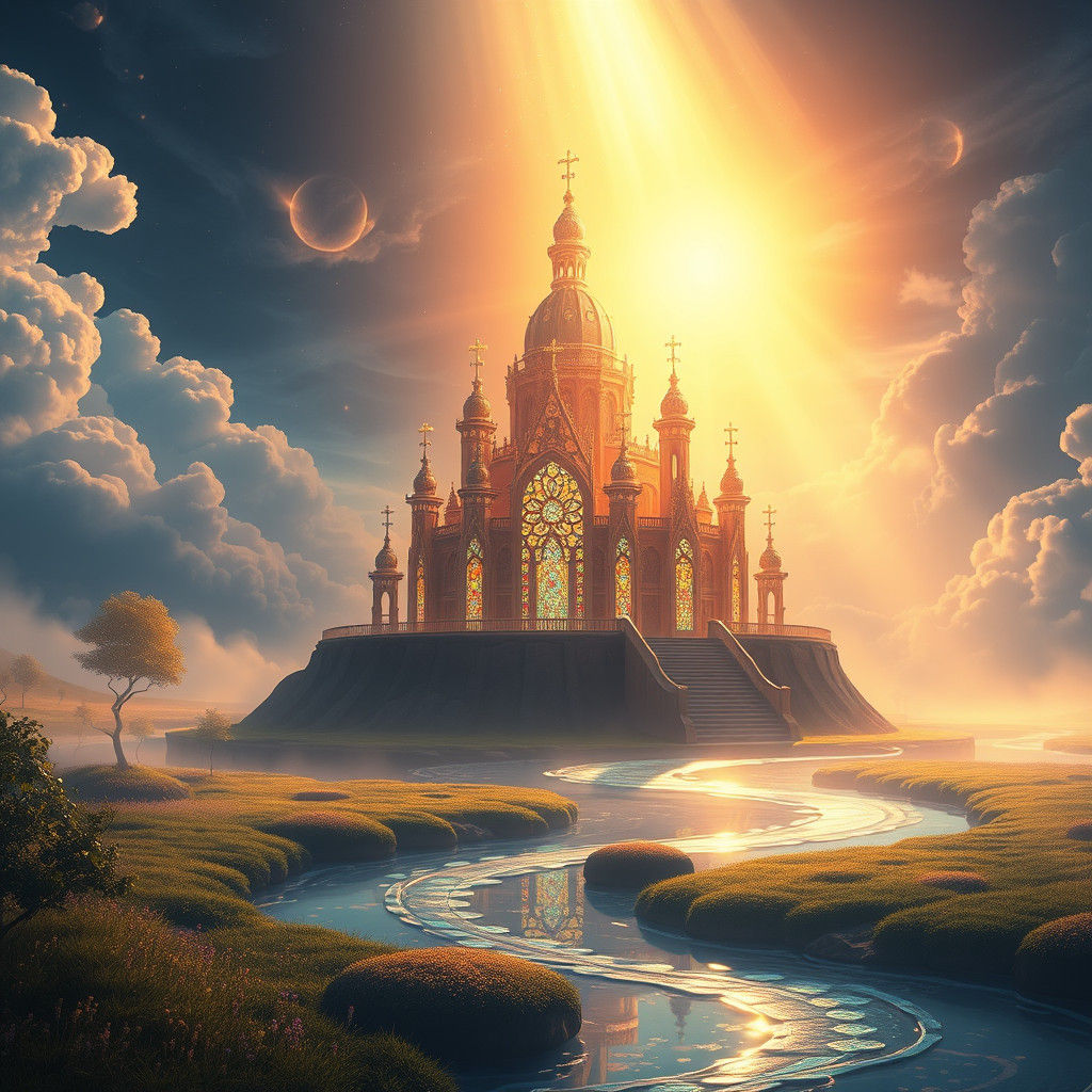 Ethereal Palace in Heavenly Landscape with Golden Light
