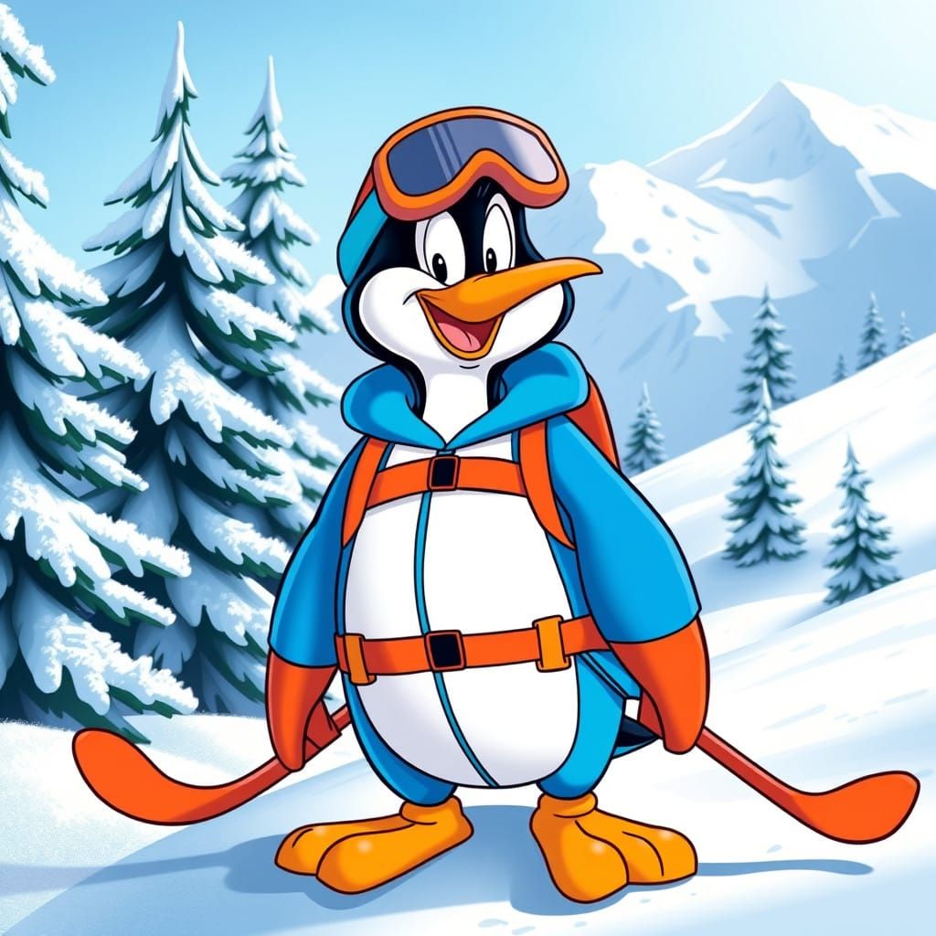 Vibrant Cartoon Penguin in Electric Blue Ski Suit