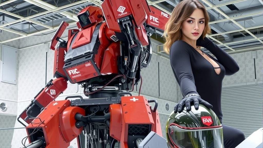Female Mech Pilot Stands Before Red Mech