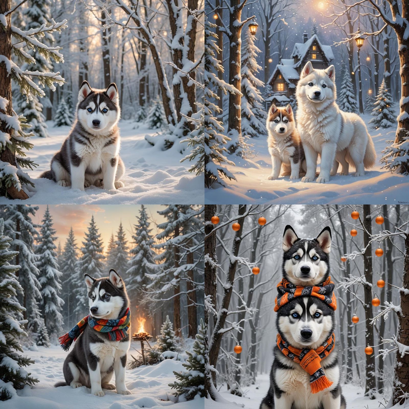 Husky Puppy and Snowman in Winter Wonderland