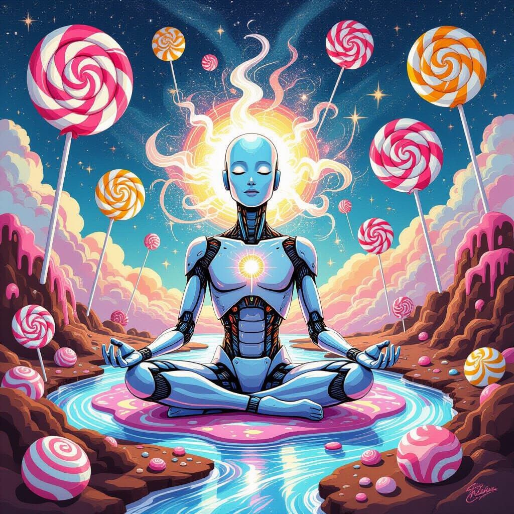 AI Meditating in a Candy Dreamscape, Gouache Painting
