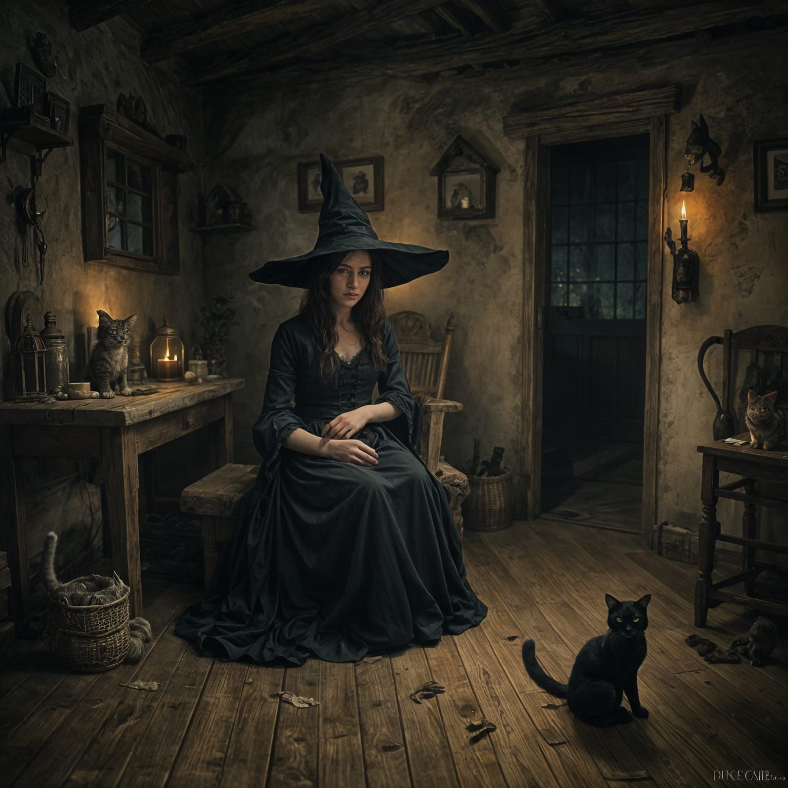 Eerie Witch and Cat at Cottage
