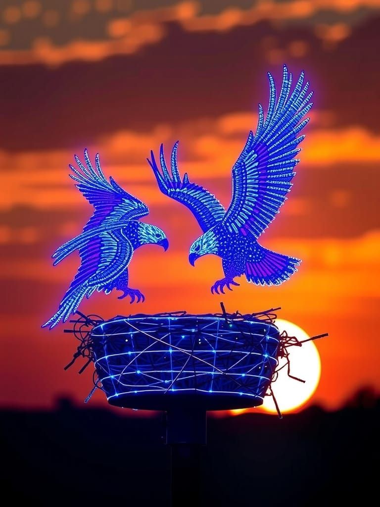 Cybernetic Eagle Nest in Metallic Sunset
