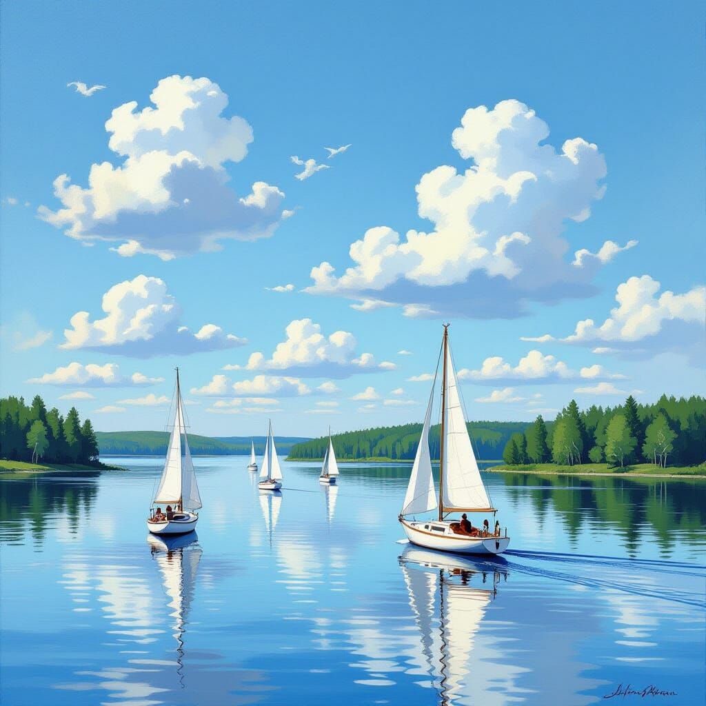 Sailboats on Serene Lake in Realistic Impressionistic Style