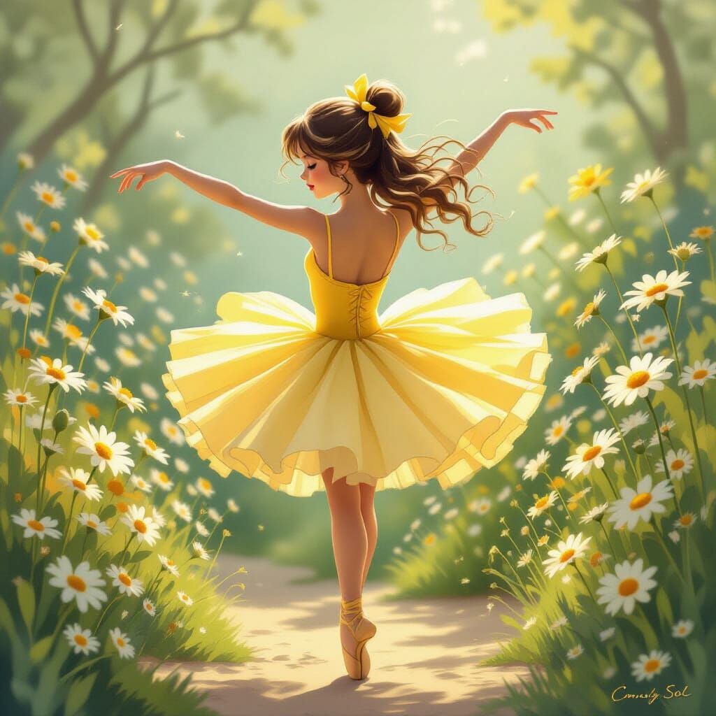 Yellow Ballerina Dancing Among Daisies in Whimsical Style