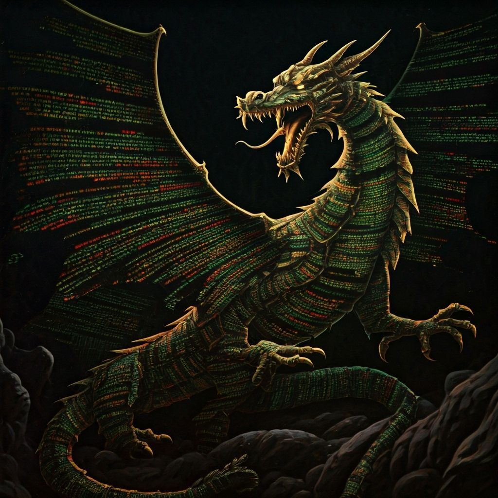 Digital Code Dragon in 1970s Fantasy Pulp Style