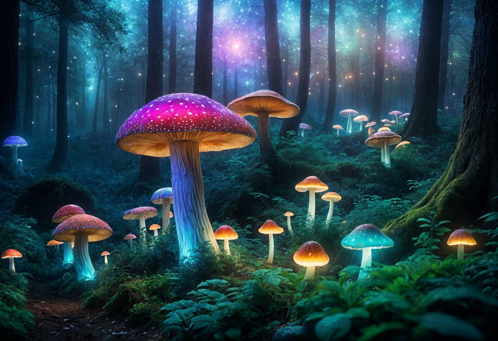 Bioluminescent Mushroom Grove Under Starry Sky
