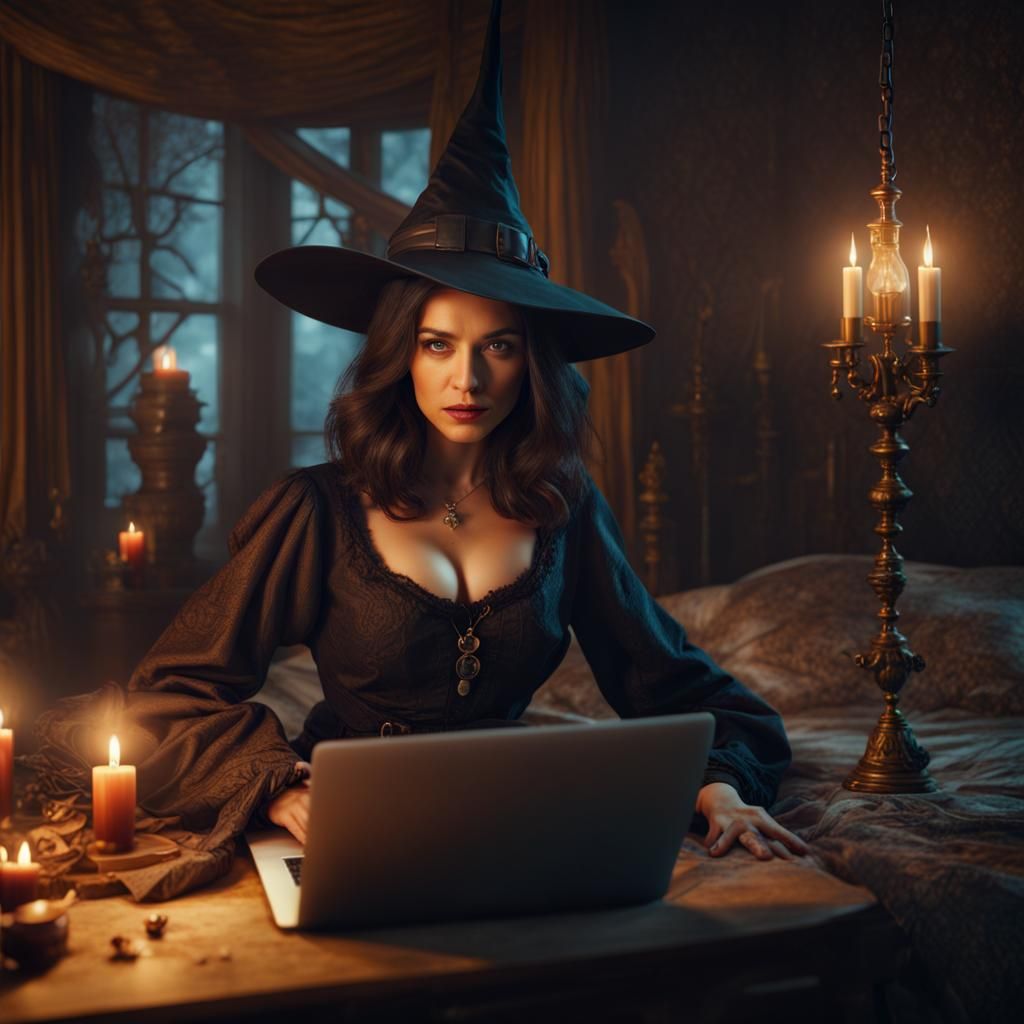 Brunette Woman Working on Laptop as Matte Painting