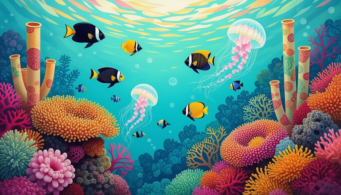 Vibrant Coral Reef Dreamscape in Art Nouveau Style
