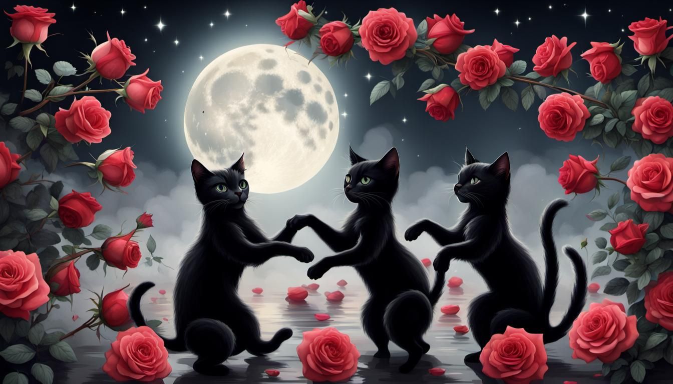 Black Cats Dancing in Moonlight with Roses