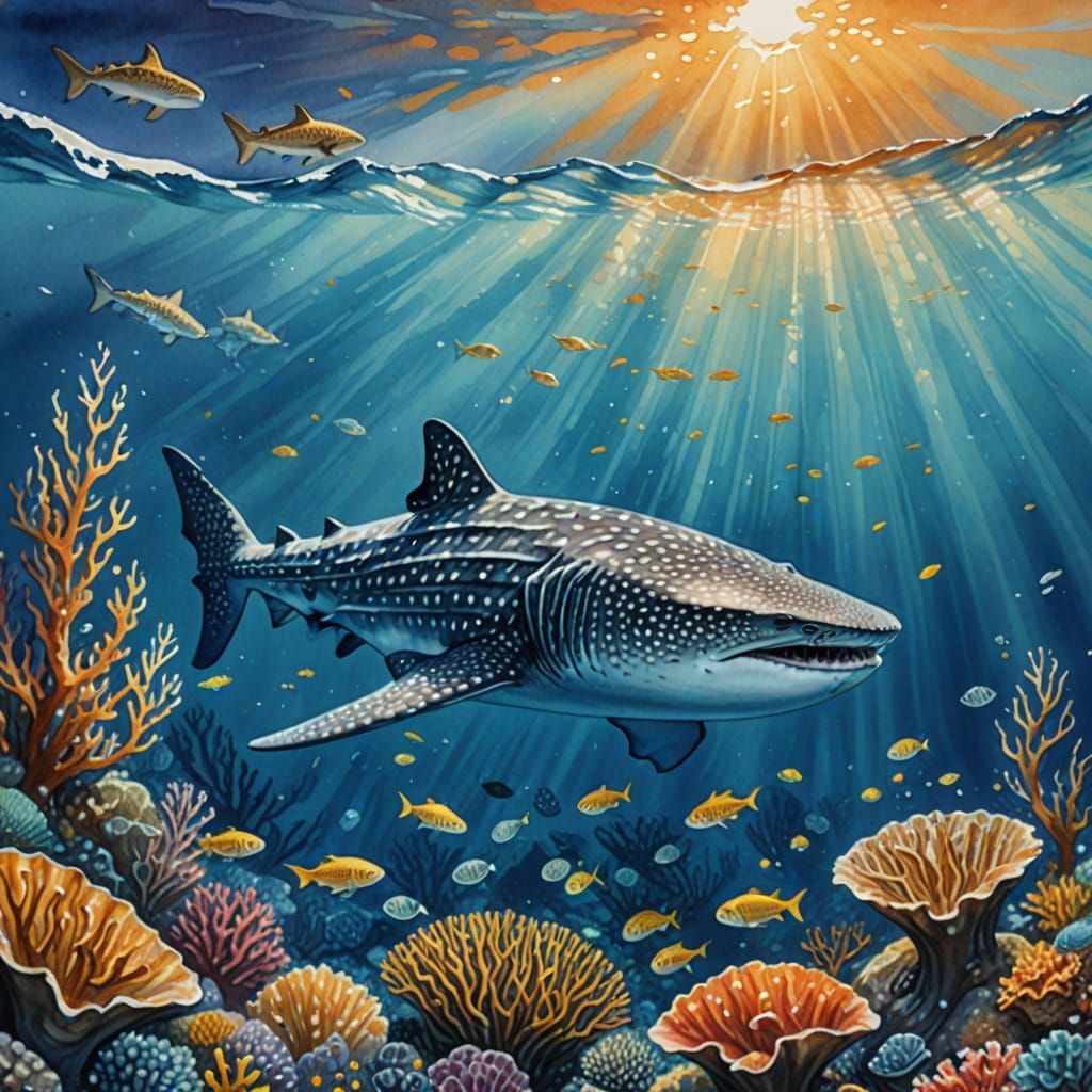 Whale Shark Feeding in Reef: Gouache Painting