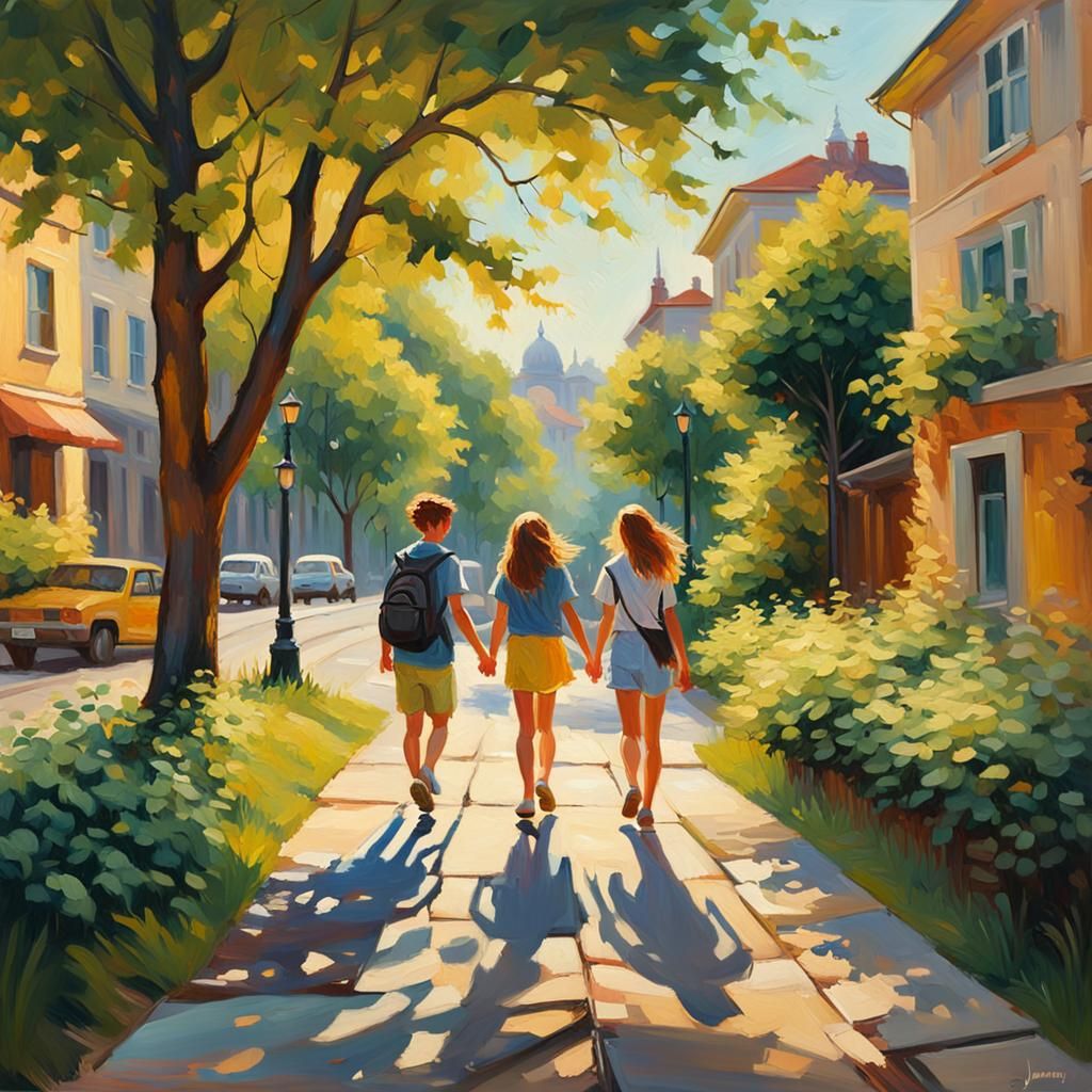 Impressionist Painting of Teens in City Park