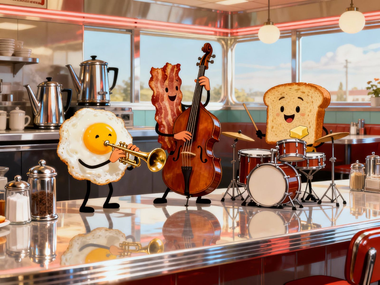 Breakfast Food Jazz Trio Performing in Retro Diner