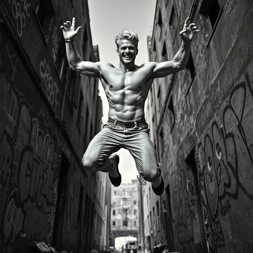 Fitness Model Leaping Chasm in Gritty Urban Decay Photo