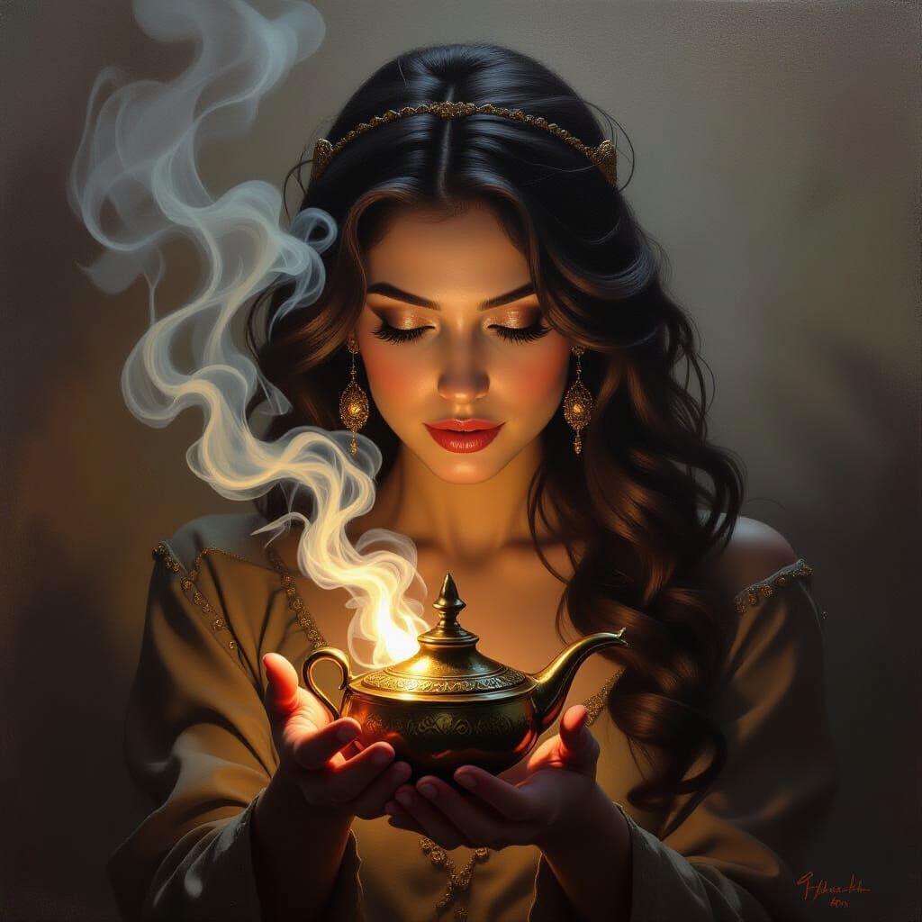 Genie Emerges: An Oil Painting in Chiaroscuro Style