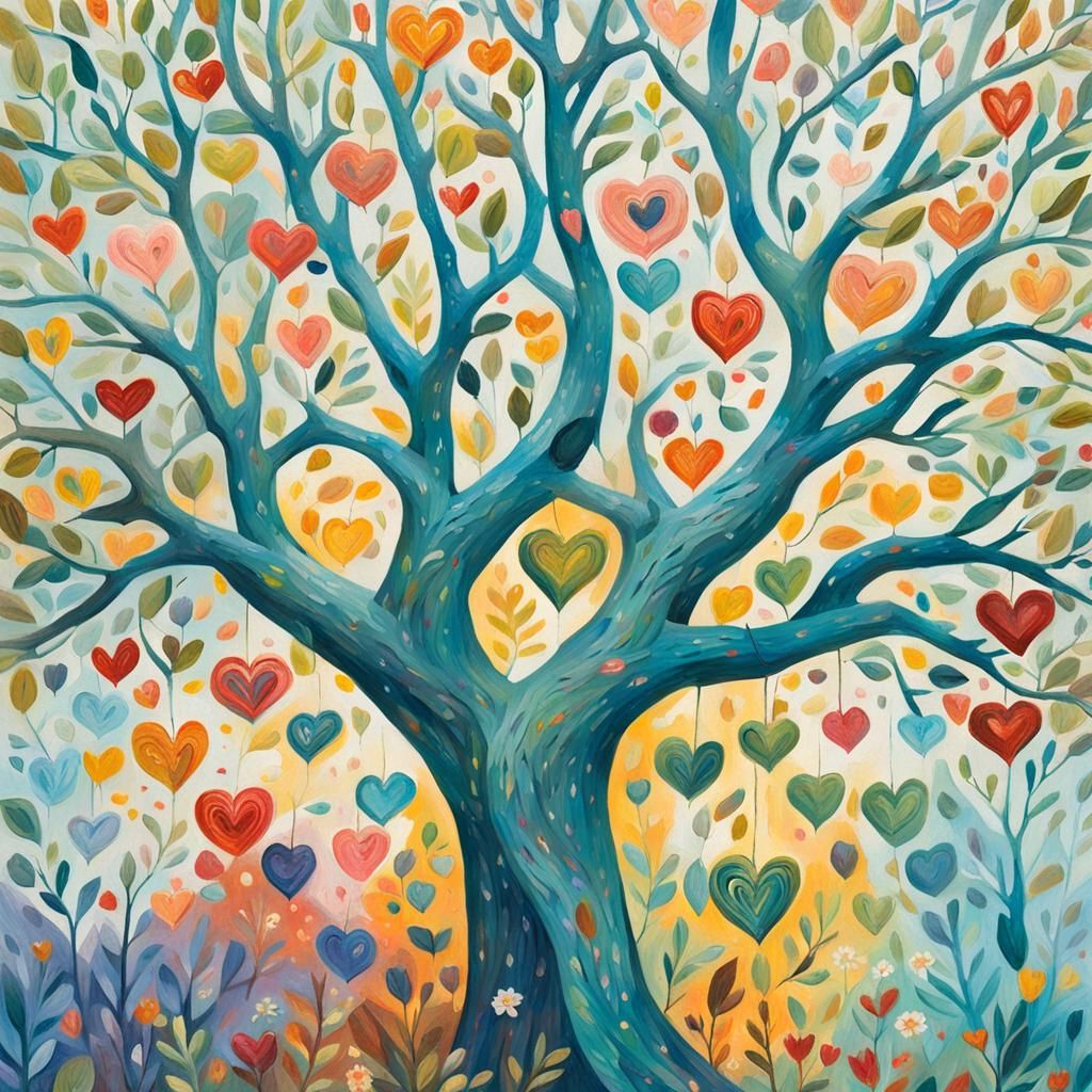 Majestic Heart Tree in Impressionist Gouache Style