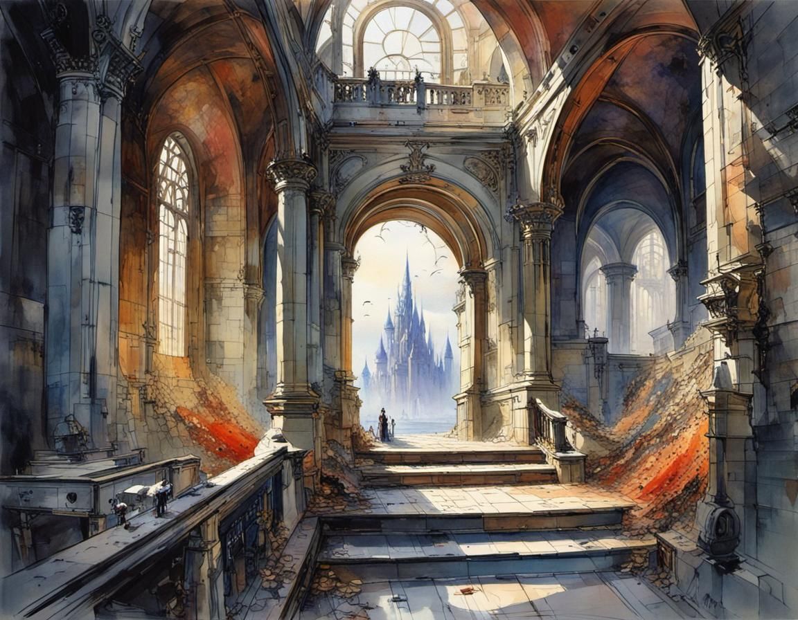 Vibrant Castle Interior in Watercolor Style