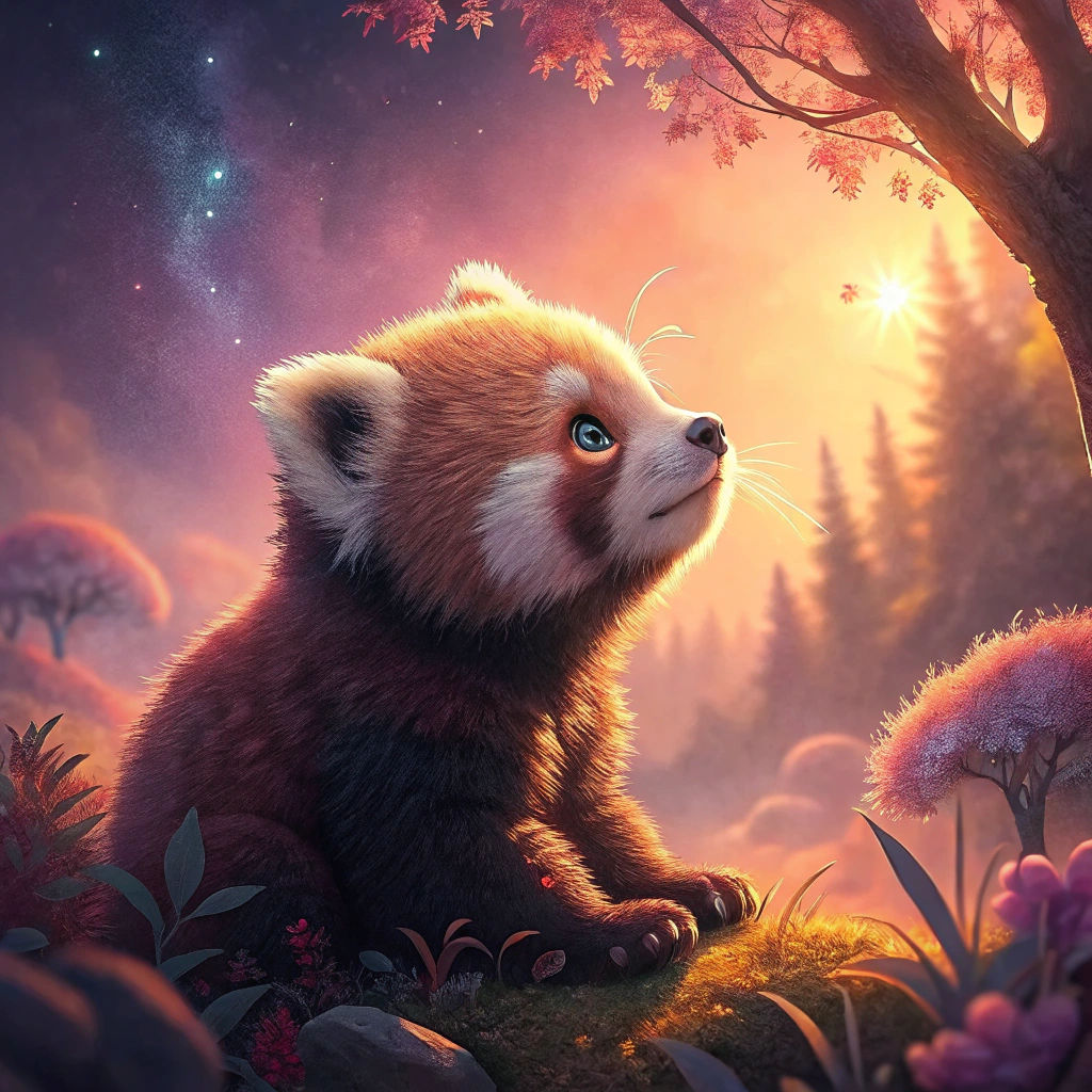 Adorable Red Panda Cub in Dreamy Forest, 3D Render
