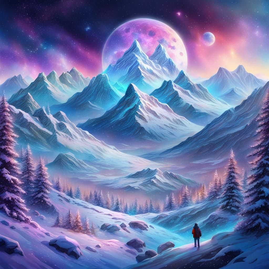 Cosmic Snow Mountain Pass in Astral Holographic Style