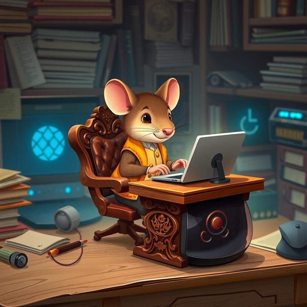 A small, cartoon mouse in a warm, golden-brown waistcoat, si...