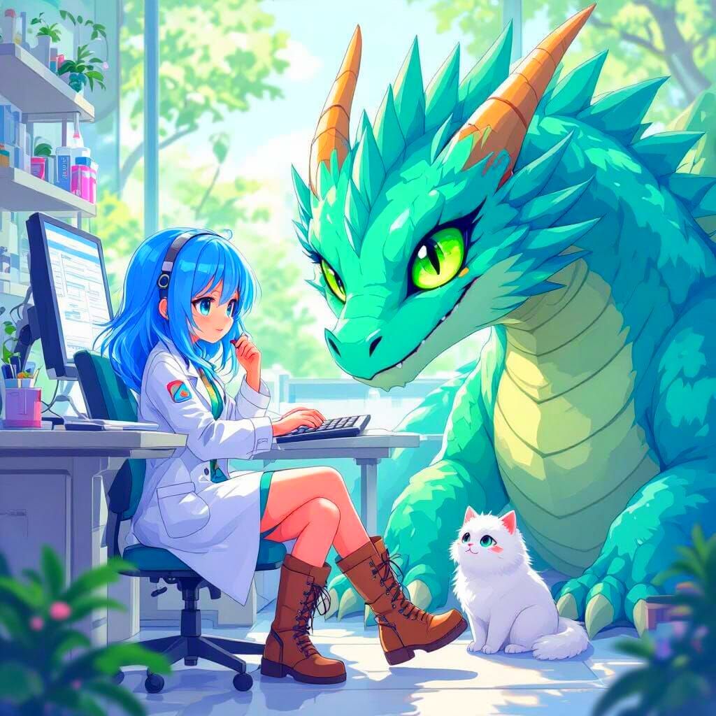 Anime Girl with Dragon and Cat at Computer