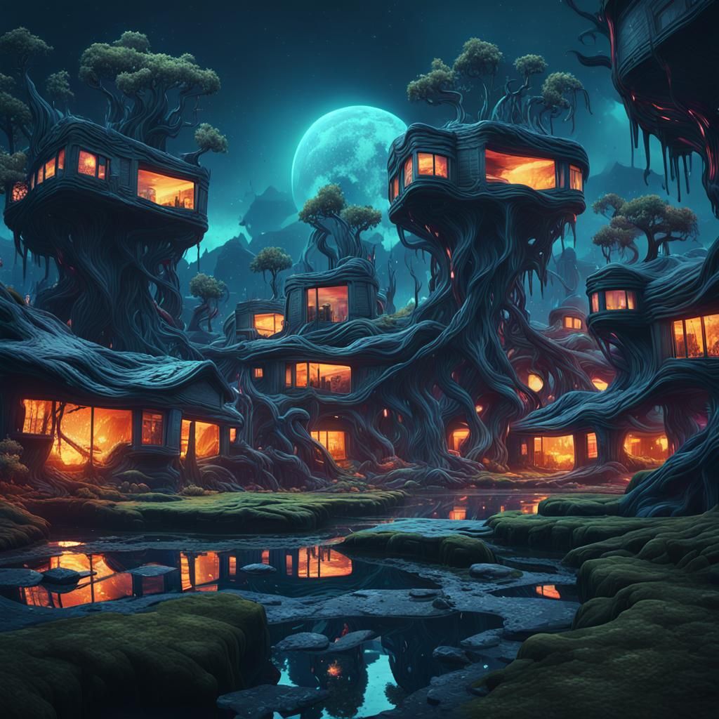 Distorted Surreal World with Melting Buildings