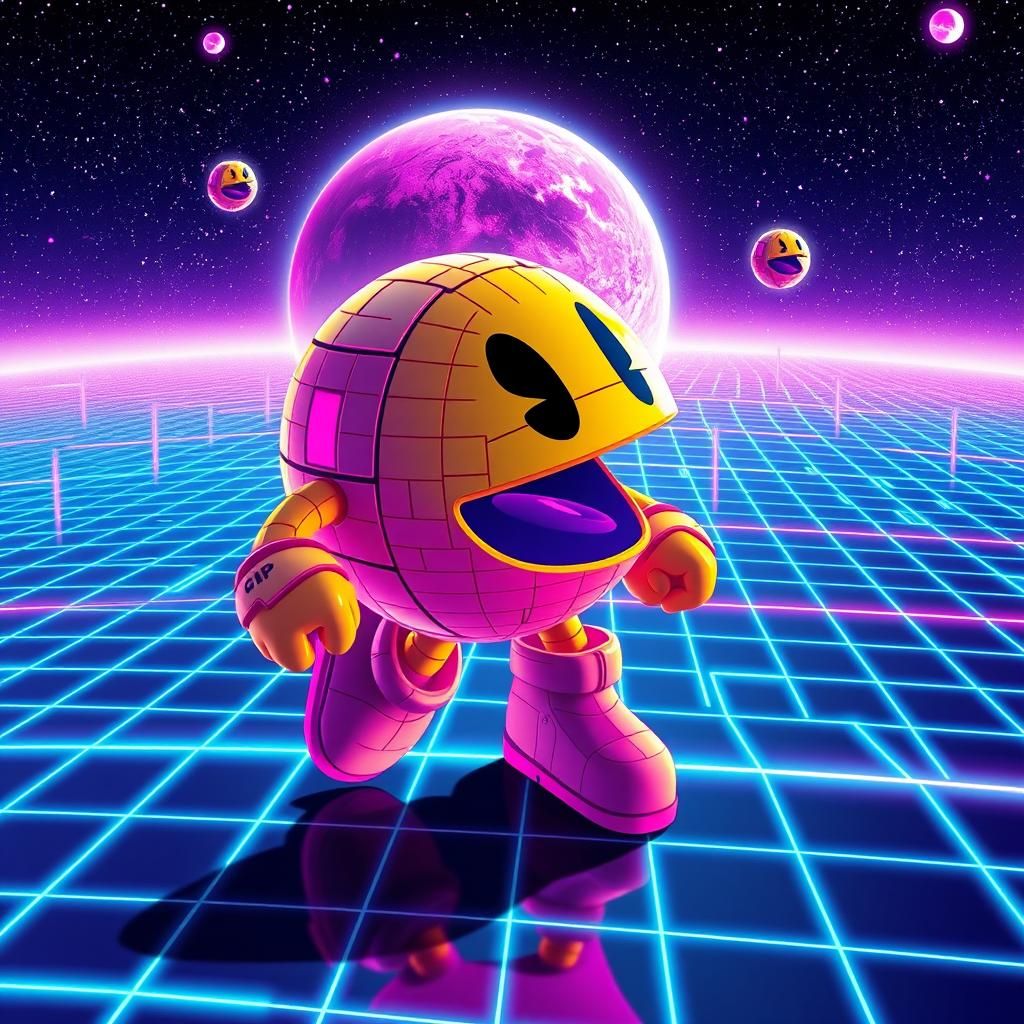 Retro Anime Pacman Eats Worlds in Neon Space