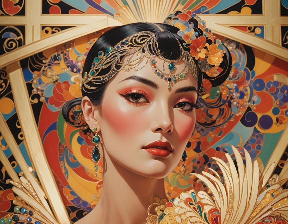 Erté Admiring Portrait in Hyperrealistic Art Deco Style