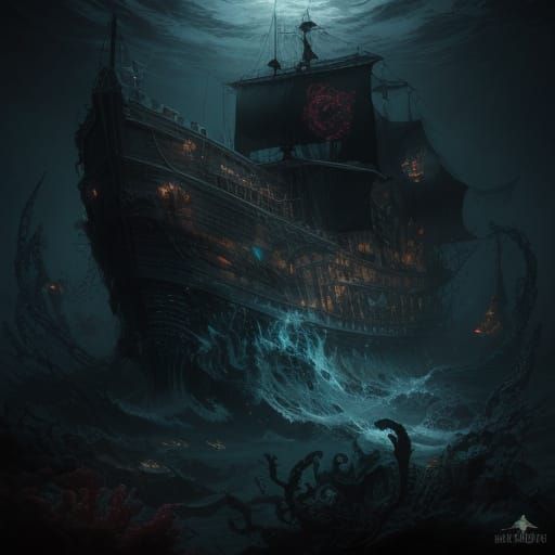 Lovecraftian Ghost-Ship on Ocean Floor in Giger-esque Style