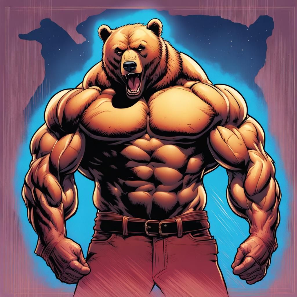 Muscled Bear Flexing in Comic Book Style