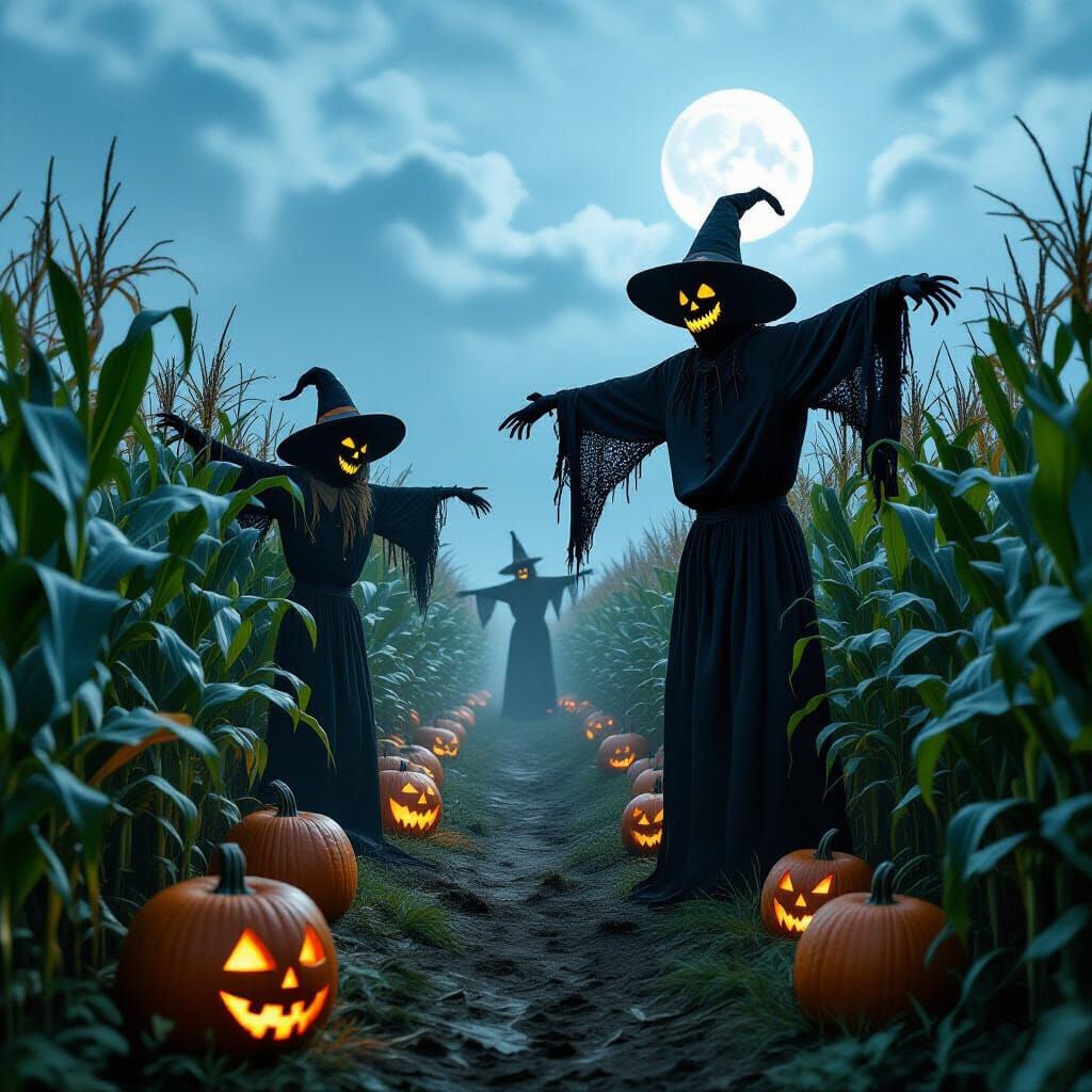 Spooky Haunted Farm with Ghostly Scarecrows