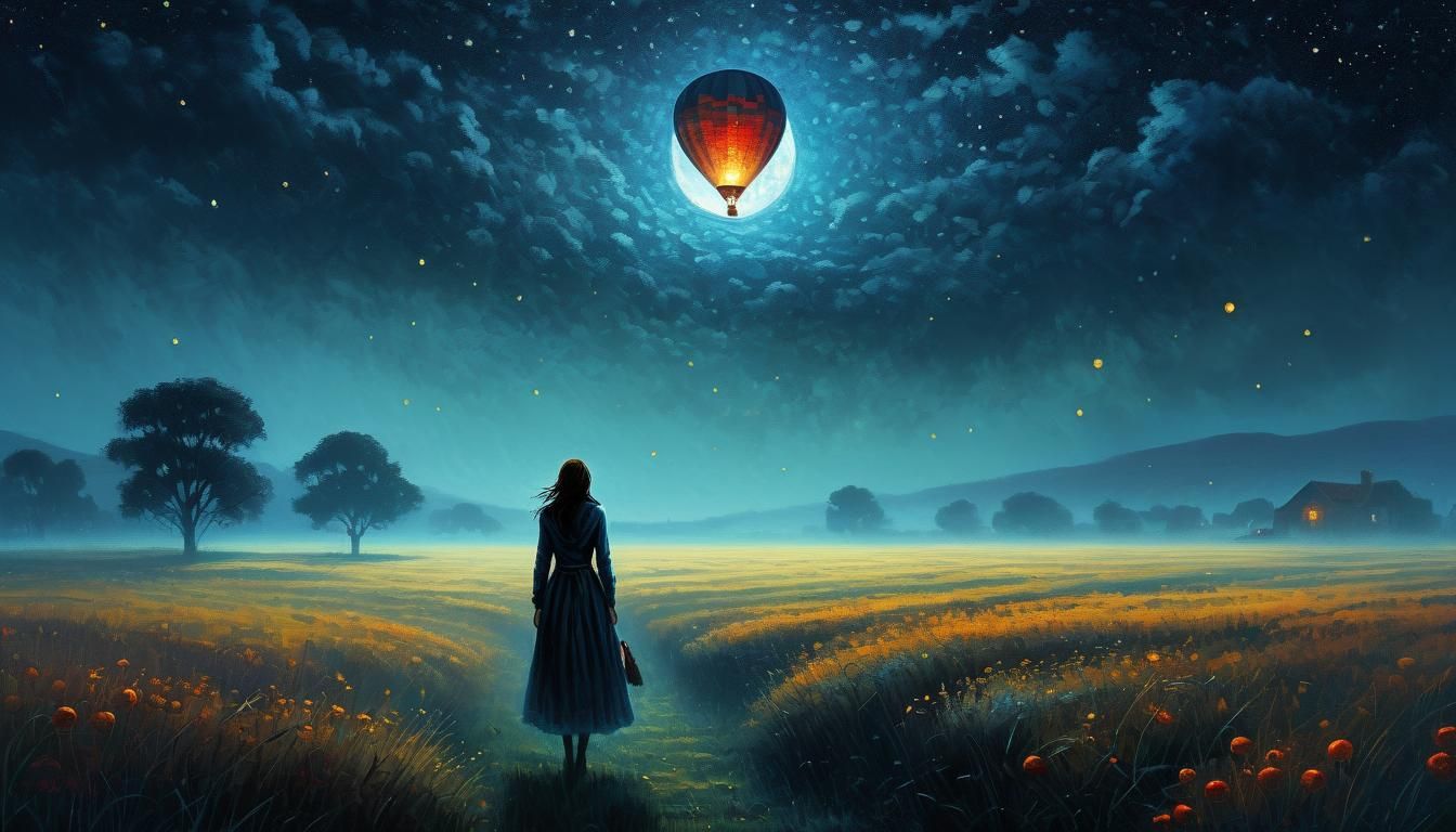 Girl in Mist Watching Hot Air Balloon: Pointillism