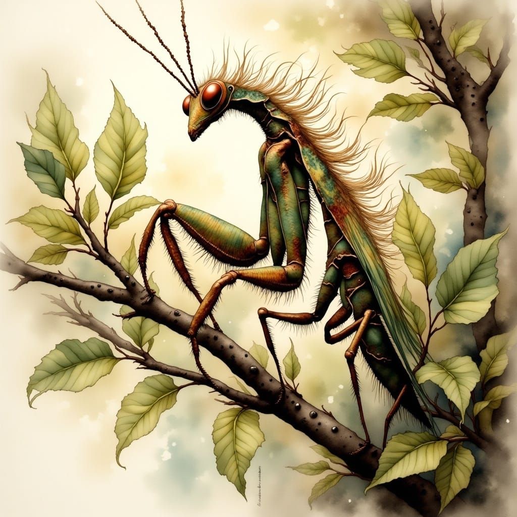 Intricate Watercolor-Style Praying Mantis