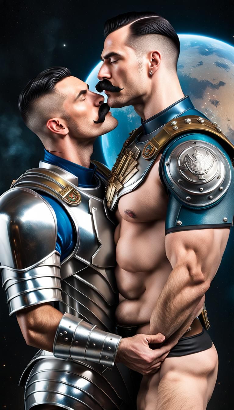 Gay Space Marine Kiss in Cosmic Battle, Photorealistic