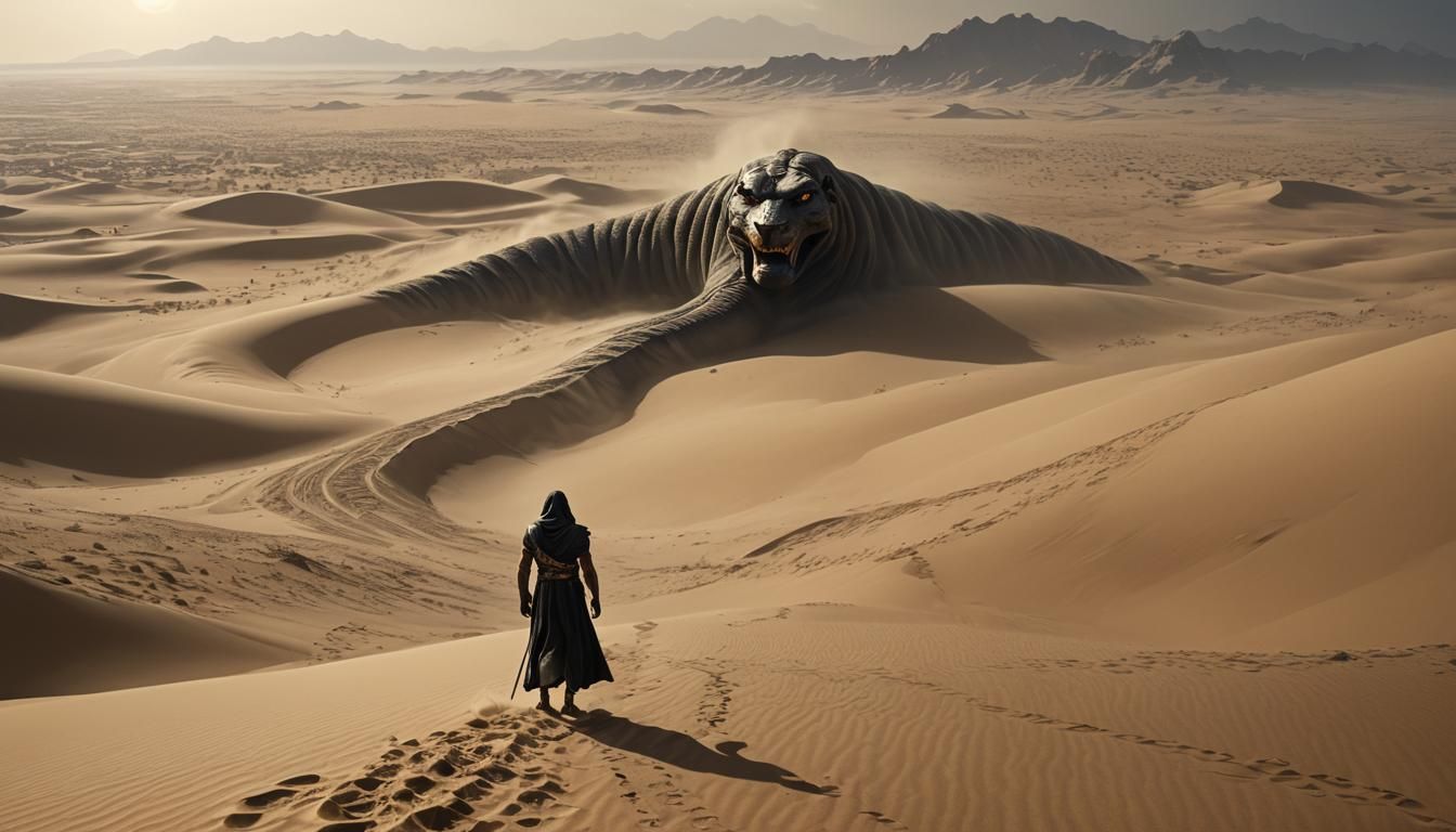 Apep: Ominous Shadow in Egyptian Desert Sandstorm