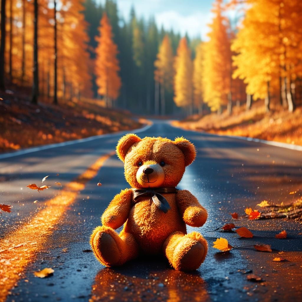 Orange Teddy Bear in Autumn Forest