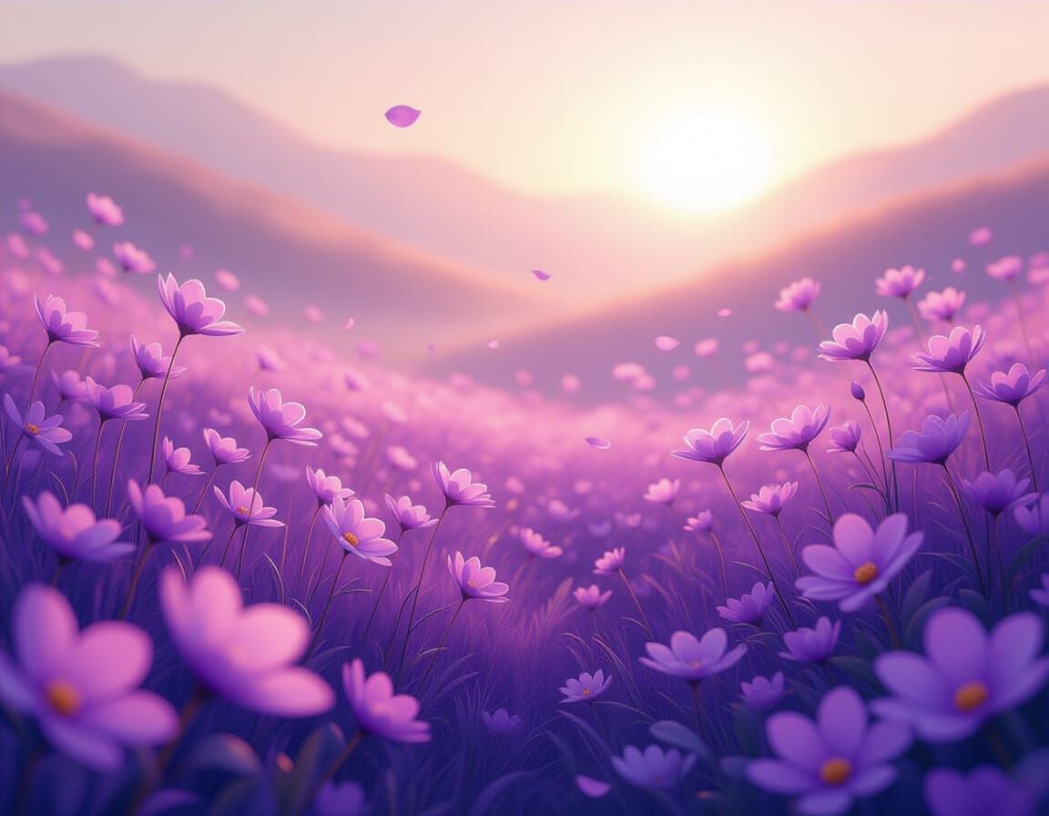 Dreamy Purple Landscape with Blossoming Flowers