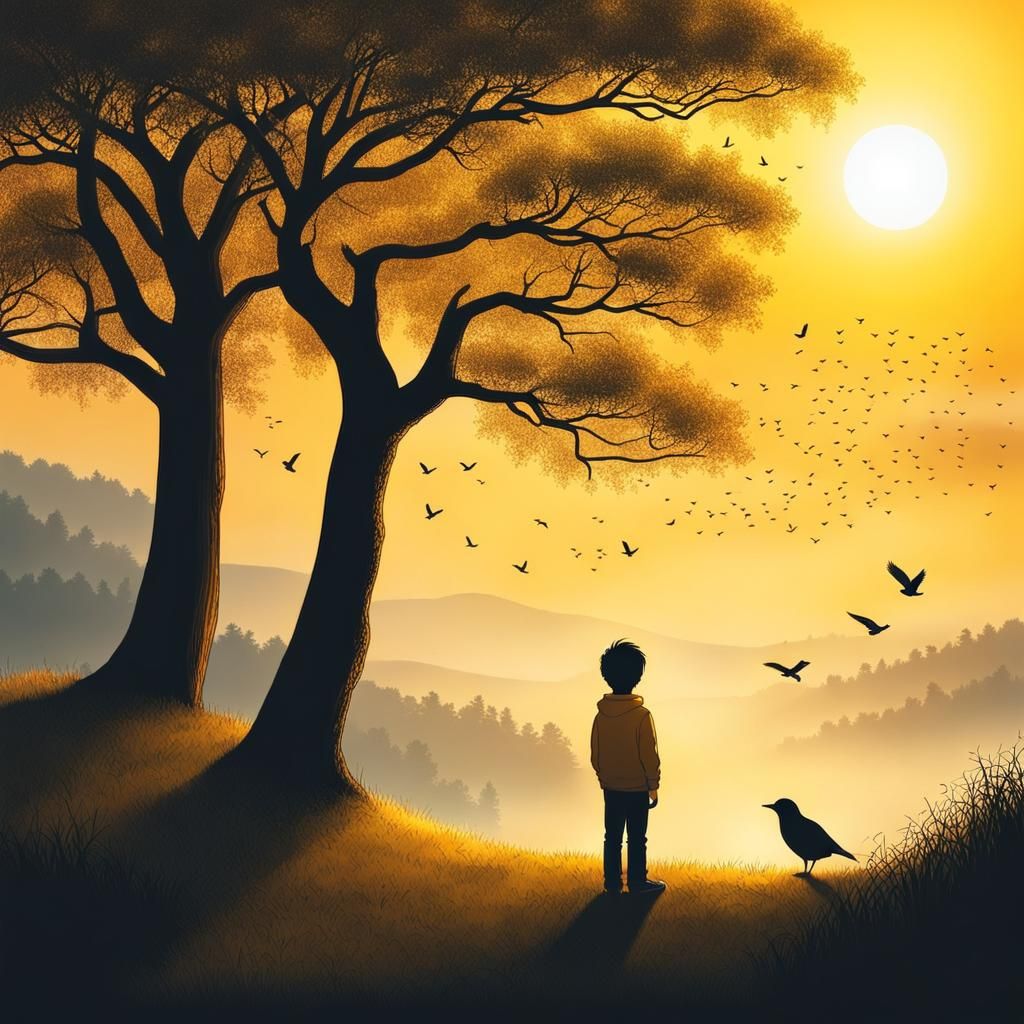Boy Watching Sunset Alone on Foggy Hill