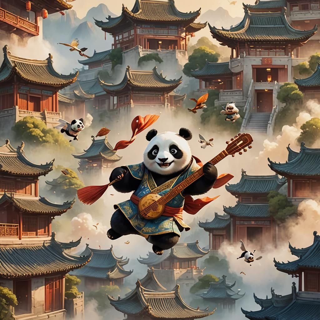 Panda Bard Soaring Over Ancient China in Pixar Style