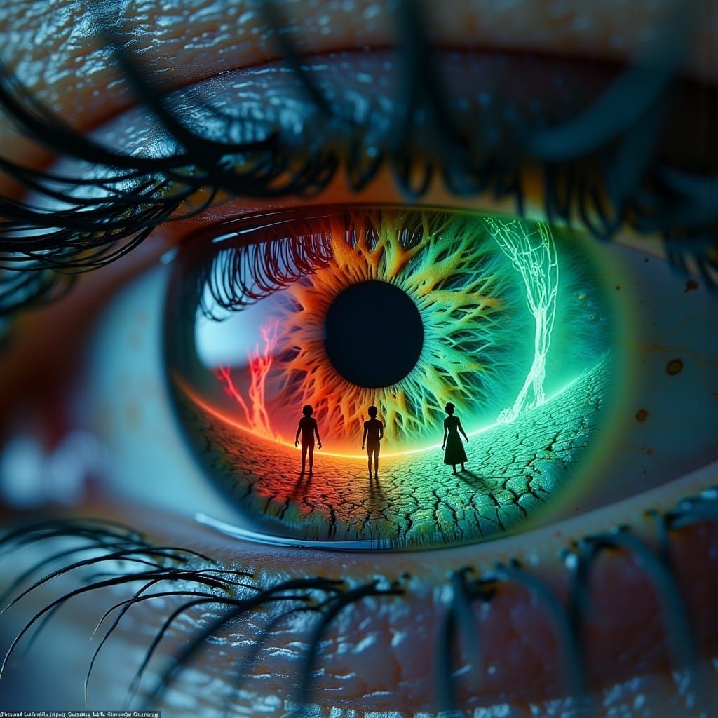 Glowing Bicolored Eye with Figures: Digital Art