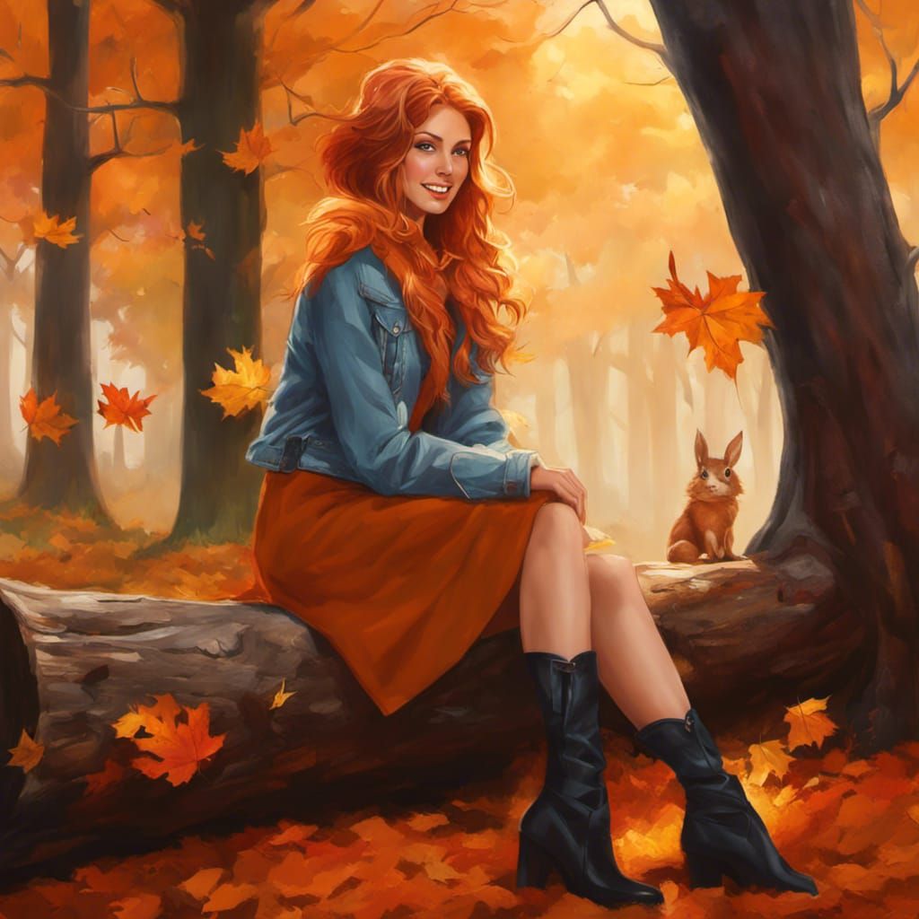 Autumn in the forest and the attractive redhead has attracte...